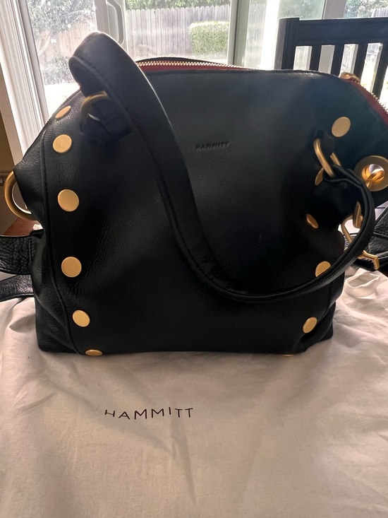 Hammitt Handbags - Hammitt Daniel Medium Black Leather Shoulder Bag with Gold Studs
